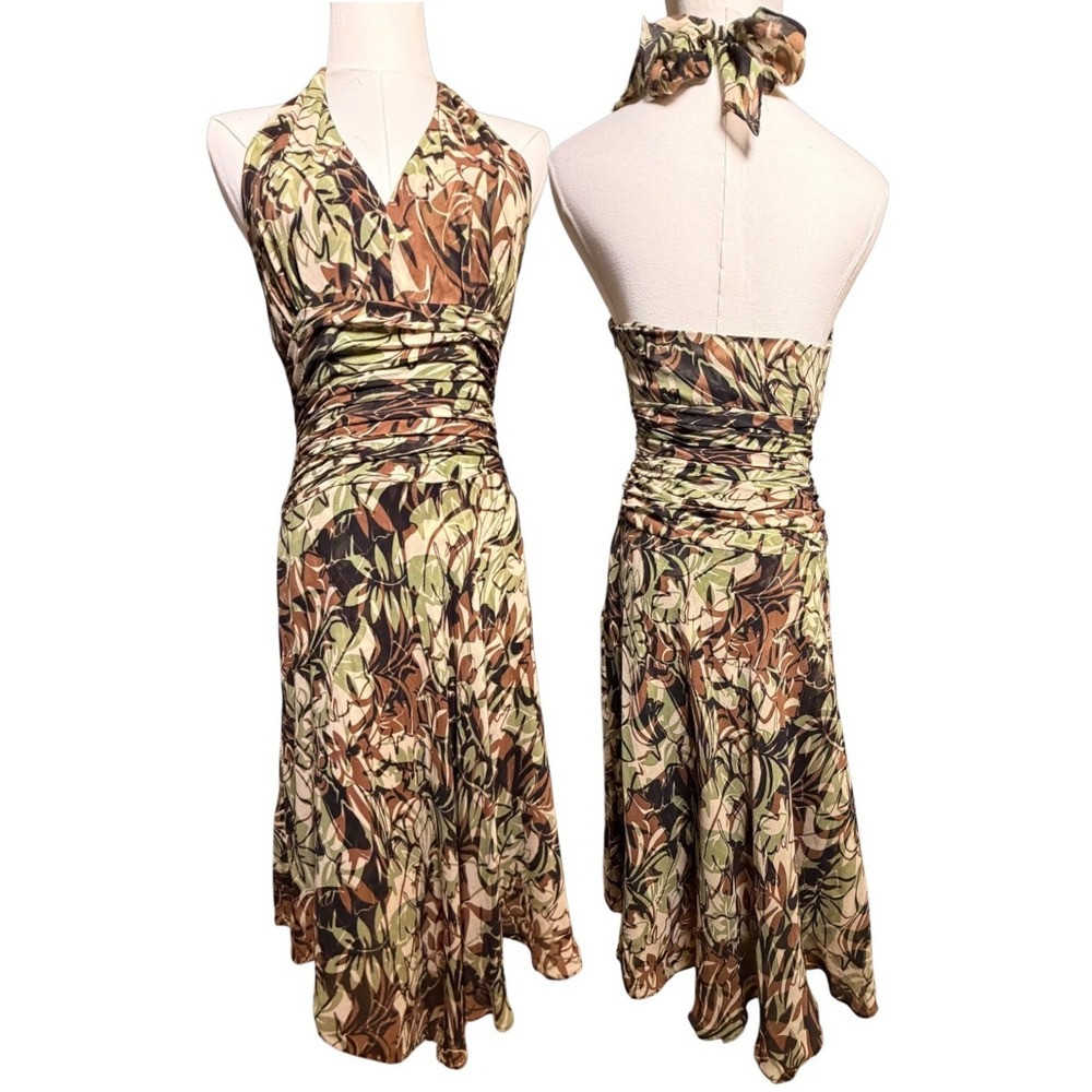 Donna Ricco Silk Halter Midi Dress 4 Ruched Floral Chiffon Boho - Picture 11 of 14